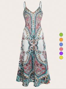 Women's Floral Print Dress, Casual Fitted Boho Bohemian Sleeveless Spaghetti Strap Long Dress for Beach Holiday Vacation, Ladies Summer Clothes, Boho Casual Fashion Womenswear