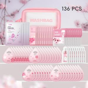 Sakura Skin Care Travel Kit, 136pcs/set Moisturizing Facial Skincare Kit, Including Facial Cleanser, Toner, Serum, Sleeping Mask, Mud Mask, Moisturizer