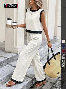 Women's Simple Colorblock Sleeveless Round Neck Top and High Waist Wide Leg Pants Set, Slimming Comfortable for Daily Commute