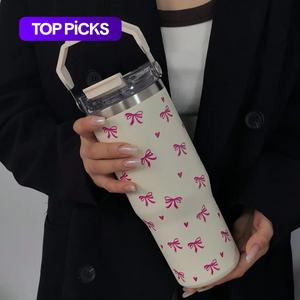 Butterfly & Heart Pattern Vacuum Flask, Large Capacity Water Bottle with Straw & Handle, Summer Cool Bottle Drinking Cup for Home Office School Outdoor, Drinkware #TOP PICKS