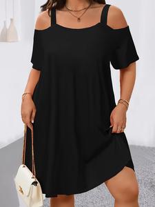 Fashion Plain Cold-Shoulder Shift Dress Plus Size Casual Short-Sleeve Loose Fit Dress, Soft Stretchy Fabric, Y2K Clothes Summer Outfits, Trendy Daily Casual Wear, Comfortable Relaxed Fit Party Dresses