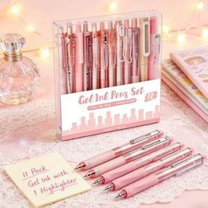 Four Candies 14Pack Pastel Gel Ink Pen Set,Cute Retractable 0.5mm Fine Point Pen,Note Taking Aesthetic Pens,12 Pack Black Ink Pens with 2Pack Highlighter, Aesthetic Pens for School Student Note Taking,Writing,Office Stationery&Supplies
