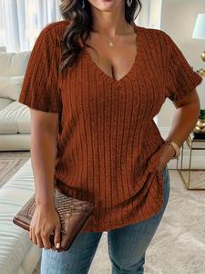Plus Size Plain Ribbed V Neck Tee, Casual Short Sleeve T-shirt for Summer, Women's Plus Clothing for Daily Wear, Top