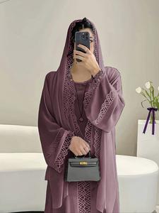 Women's Elegant Abaya Dress Set with Headscarf, Floral Lace Decoration, Loose Sleeves, Long Flowing Design, Perfect for Ramadan & Special Occasions, Modesty Abaya