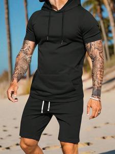 Two-Piece Set Men's Letter Print Short Sleeve Hoodie & Drawstring Waist Shorts Set, Casual Hooded Top & Pocket Track Shorts, Men's Summer Clothes