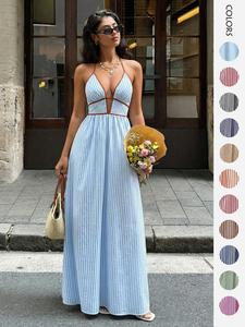 Women's French Vacation Stripe Halter Dress, Deep V Waist Cinch Color Block Long Floor-Length Beach Skirt