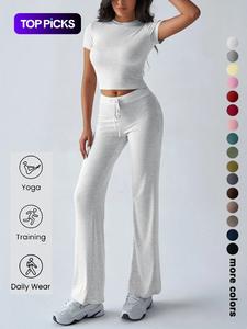 Women's Solid Basic Minimalist Short Sleeve Two-piece Clothing Set, Casual Round Neck Crop Tee & Drawstring High Waist Trousers for Daily Wear, Ladies Summer Clothes, Womenswear
