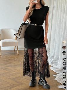 1 Spring Summer Lace Hem Midi Dress Women | Cap Shoulder Sleeveless Sheer Floral Lace Loose Casual Dress | Old Money Edgy Chic Style for Daily Office Date Night Vacation Wear（No belt）