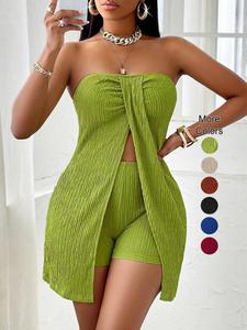 Women's Textured Fabric Twist Front Split Top and Shorts Set, Basic Two-Piece, Slim-Fit Casual Wear