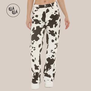 RELA RELA Cow Print Multi Coloured Viral Stretchy Mid-Waist Dad Fit Wide Leg Jeans UK 6-18 Denim Womenswear