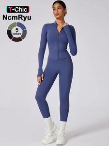 Women's High Elastic Bare Sense Rountable Tie Thumb Buckle Zipper Long Sleeve High Waist Trousers Yoga Wear Outdoor Running Gym Sports Training Workout Clothes, Athletic Fashion Activewear