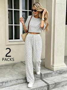Women's 2-Piece Polka Dot Outfit, Casual Crop Top & High Waist Wide Leg Pants Set, Summer Loungewear for Pear Body Shape, Comfy Loose Fit Tracksuit for Daily Vacation Streetwear, Baddie Style Co-ords