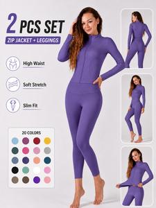 Women's Two-Piece Sportswear Set, Stretchable Activewear, Long Sleeve Zip-Up Top & Slim Fit Pants, Solid Color Design, Ideal for Gym, Fitness, Outdoor Activities