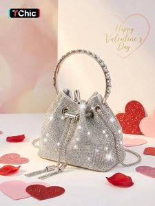 Women's Spring Rhinestone Decorated Evening Bag with Round Top Handle As Gift, Elegant Ramadan Shiny Tassel Drawstring Design Shoulder Bag for Party, All-match Commuter Bag for Work & Daily Used