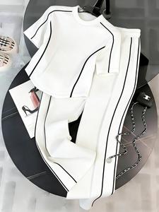 Women's Spring Summer Casual Set, Two-Piece with Fitted Round Neck Top and Wide Leg Pants, Ideal for Daily Wear and Outdoor Activities