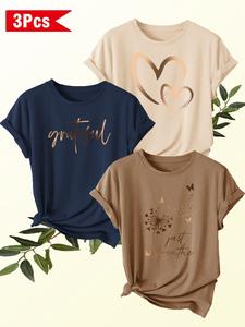 Women's 3-Pack Round Neck Short Sleeve T-Shirts, Gold Gradient Hearts Print, Soft Stretch Fabric, Comfortable and Casual