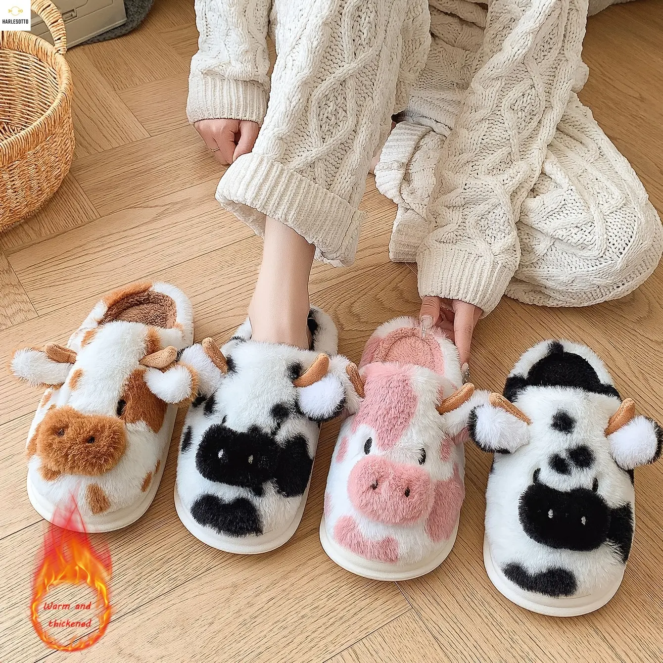 HARLESOTTO     Cozy Spotted Cow - themed Plush Slippers - Soft, Warm Indoor Footwear for Both Men and Women, Featuring a Hand - Washable Design and TPR Sole, Suitable Throughout All Seasons