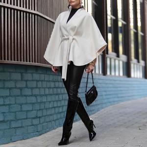 CHICME Open Front Tie Waist Cape Coat Casual Loose Brushed Coat