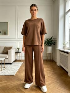 Women's Two-Piece Set, Loose Casual Comfort Solid Top and Elastic Waist Long Pants, Soft Polyester Stretch Fabric, Spring Summer