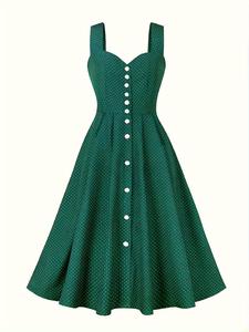 Women's Polka Dot Print Button Front A Line Dress, Elegant Sleeveless Long Dress for Beach Holiday Vacation, Ladies Clothes for All Seasons