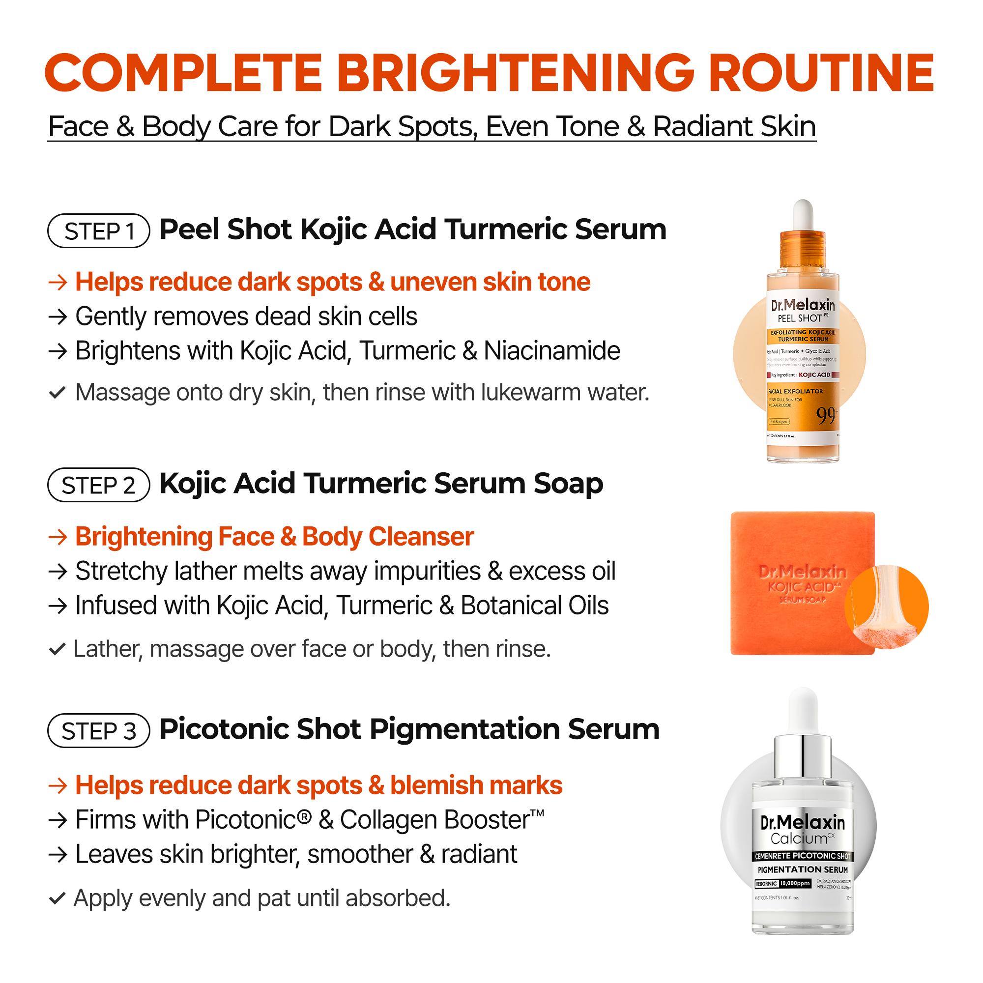 [Dr.Melaxin Official] Complete Brightening Routine | Peel Shot Serum, TX Body Peeling Shot, Kojic Acid Turmeric Capsule Body Cream & Kojic Acid Turmeric Serum Soap 4-Piece Set