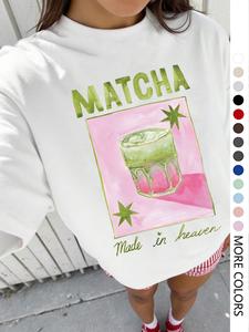 Women's Home Wear Matcha Letter Print Round Neck T-Shirt, Casual Loose-Fit Graphic Tee, Summer Fashion for Daily Wear, Outdoor Activities