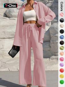 Women's Solid Button Front Shirt & Tie Front Wide Leg Pants Two-piece Set, Comfort Drop Shoulder Long Sleeve Blouse Top & Trousers 2 Piece Set for Spring & Fall, Women's Clothes Winter Outfits, Back To School Clothes, 1970 Casual Wear