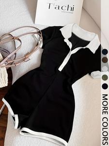 Women's Casual Polo Neck Jumpsuit with Contrast Trim, Short Sleeve Knitted Romper for Summer Style, Comfortable and Trendy