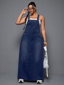 Plus Size Denim Backless Long Dress, Loose Fit Conceal Fat Slimming, Vintage Washed Frayed Hem Skirt, Casual Summer Fashion Womenswear
