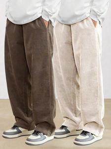 Men's Letter Print Pocket Corduroy Pants, Loose Casual Comfy Elastic Waist Straight Leg Trousers for Fall & Winter, Men's Bottoms for Daily Wear