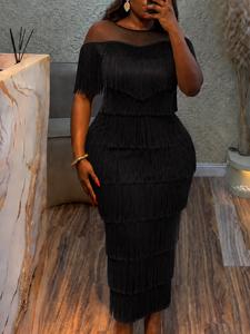 Plus Size Women's Sheer Mesh Round Neck Dress, Layered Tassels Slim Fit Evening Gown Formal Wear, Perfect for Parties, Weddings, Birthdays, Formal Events
