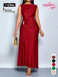 Aliling Elegant Sleeveless Midi Dress for Women High Waist Folds Boat Neck Bodycon Solid Female Evening Sexy Clothing Perfect for Party and Dates