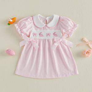 Baby Girl Easter Dress Short Sleeve Doll Collar Bunny Embroidery A-Line Dress Toddler Casual Dress