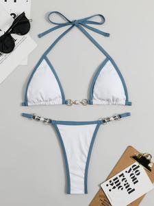 Women's Contrast Binding Chain & Faux Pearls Decor Bikini for Summer 2024, Halter Neck Triangle Swim Bra & Swim Thong, Summer Swimsuit, Ladies Bathing Suits 2024