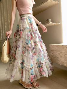 French Vintage Asymmetrical Ruffled Mesh Skirt, New Loose A-Line Ditsy Floral Long Skirt for Women, Casual & Party Wear, Ruffle Trim Skirt