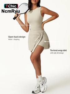 Women's Solid Knot Wrap Sports Tank Romper, Casual Round Neck Romper for Summer, Pickleball Clothes, Tennis Outfits, Sports Workout Clothes, Ladies Sportswear for Indoor Outdoor Wear Ella Thomas Coming Home Outfit