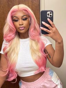 Pink Blonde Lace Front Wigs For Women Colored Body Wavy Frontal Lace Wig Long Curly Hair Highlight Wig Pre-Plucked Curly Hair Glueless Synthetic Lace Front Wigs For Christmas KPOP Daily Party Wig Natural Looking Wig