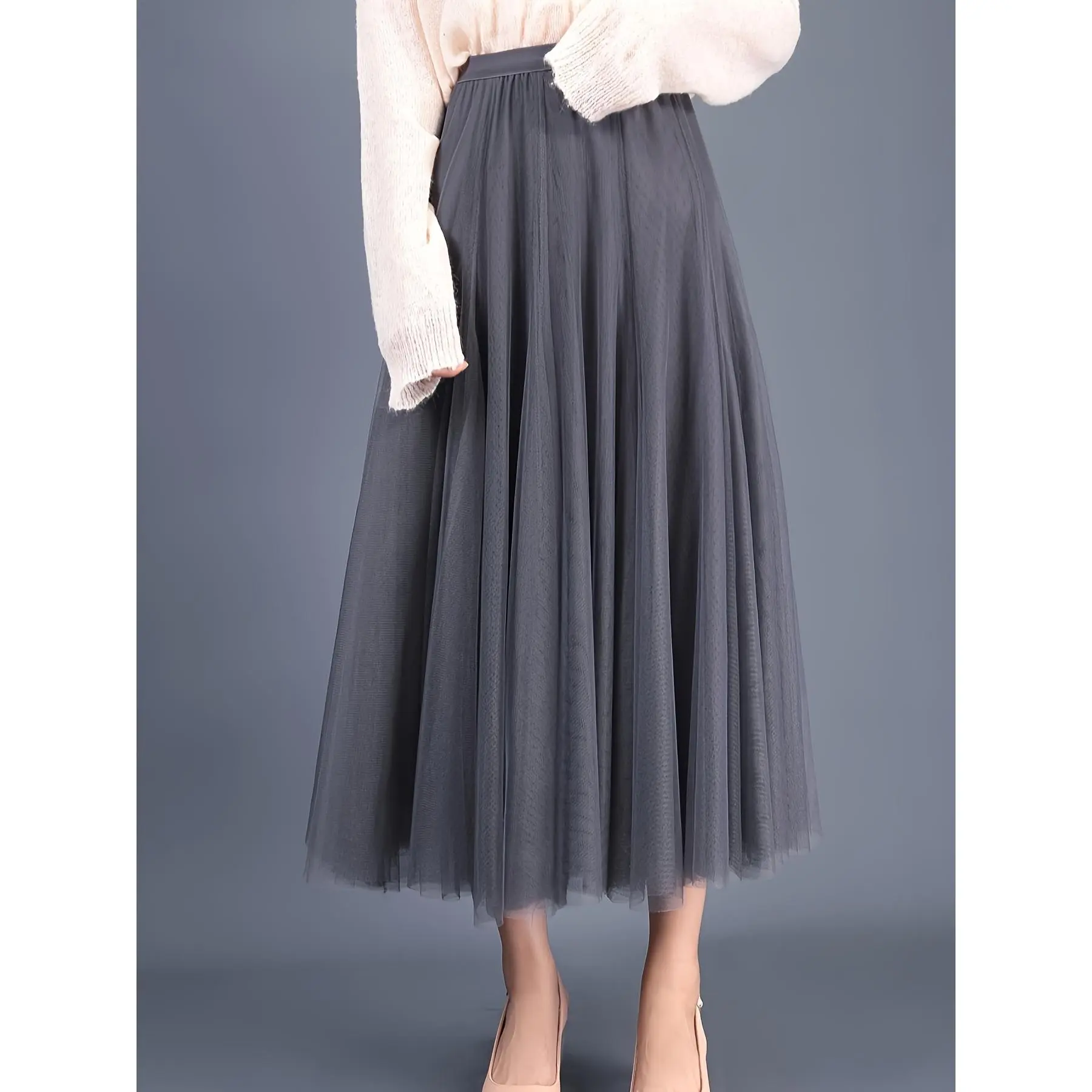 Polly Pocket Skirt Mesh Ruffle Hem Layered Skirt, Versatile Solid Swing Skirt For Spring & Fall, Women's Clothing