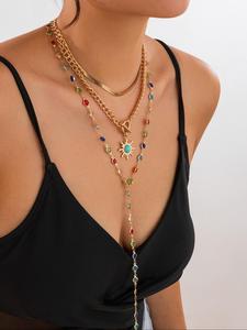 Boho Style Sunflower Design Layered Necklace, Fashion Artificial Crystal Decor Daily Wear Necklace for Party, Daily Decor, Trendy All-match Jewelry for Birthday Gift, Adjustable Pendant Necklace