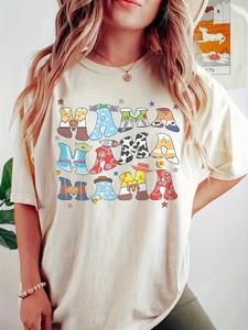 Women's "mama" Cartoon Letter Print / Plain Round Neck Drop Shoulder Tee, Casual Fashion Half Sleeve Crew Neck T-shirt for Daily Holiday Vacation Wear, Ladies Clothes for All Seasons