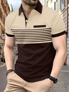 Men's Colorblock Striped Print Short Sleeve Polo Shirt, Casual Button Front Collared Top for Daily Wear, Men's Regular Fit Clothes for All Seasons