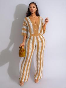 Women's Striped Print Button Front Tops& Wide Leg Pants Sweater Set, Casual Long Sleeve Top & Pants Two-piece Set for Summer, Fashion Women's Two-piece Outfits for Daily Wear