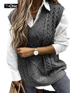 Women's Solid Textured V Neck Sweater Vest, Casual Preppy Cable Knit Pullover for Fall & Winter, Women's Knitwear for Daily Wear, Chunky Knit Vest, Womenswear