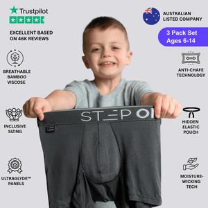 Step One Boys Trunk 3-Pack | Ages 6–14 | Breathable Viscose Bamboo Fabric, Ultraglyde panels, Hidden Elastic Pouch | Mixed Colours | Ultra-Soft, 3D Comfort Pouch, No Ride-Up, Anti-Chafe | Comfortable Underwear for Daily Wear, All Seasons for Boys