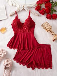 Women's Solid/Leopard Print Cami Top & Lace Trim Shorts Pyjama Two-piece Set, Casual Comfy Camisole & Shorts PJ Set, Ladies Sleepwear for All Seasons