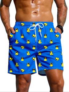 Men's Cartoon Duck Print Beach Shorts, Casual Comfy Loose Swim Shorts for Summer, Men's Swimwear for Beach Vacation Outdoor Swimming