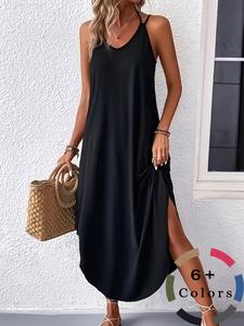 Women's Plain Basic Loose-Fitting Long Dress, Summer Casual Style, Perfect for Daily Commute & Fitness, Above-The-Ankle Design