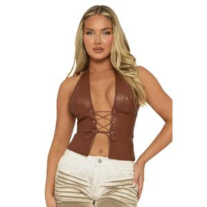 Roksana Womenswear Rebellious Fashion Faux Leather Lace Front Halter Top