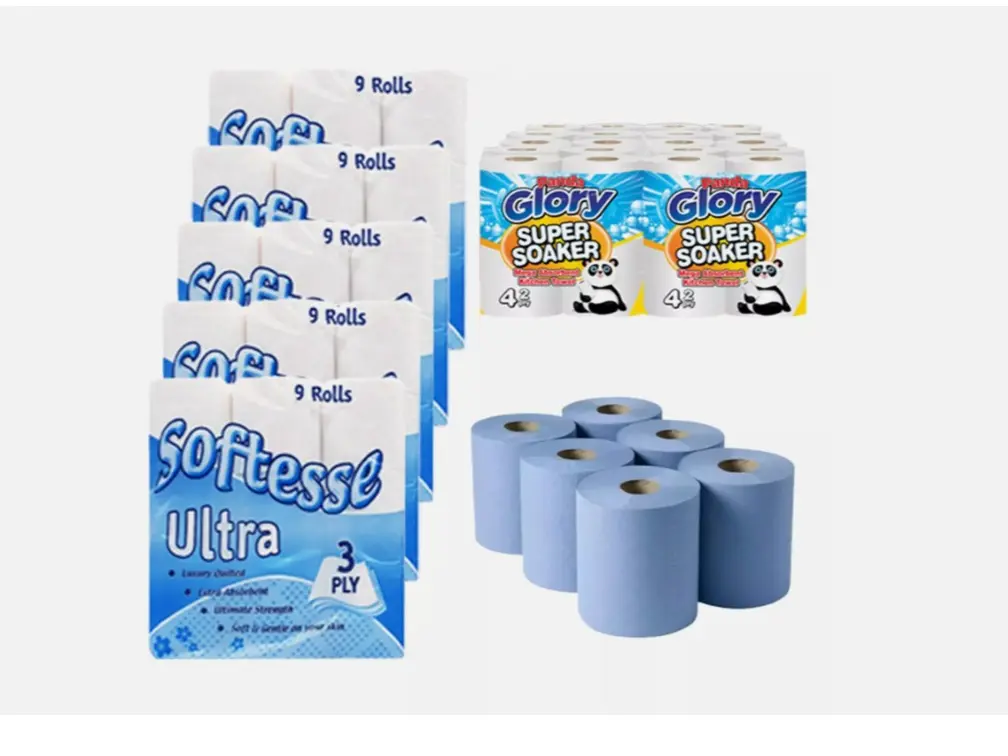Kitchen Toilet Rolls Tissue BULK BUNDLE Set 75 Rolls includes 45 x Toilet Rolls 3ply, 24 x Kitchen Rolls, 6 x Blue Rolls