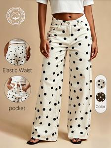 Women's Boho Polka Dot Denim Wide Leg Jeans, Casual Loose-Fitting Floor-Length Pants, Comfortable Fashionable Women's Clothing